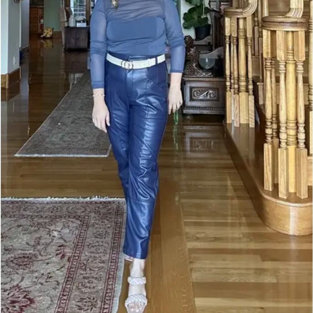 Ronny Kobo Blue Faux Leather Pants SIZE 4 Trouser Tapered Career Designer $305 - Picture 8 of 13